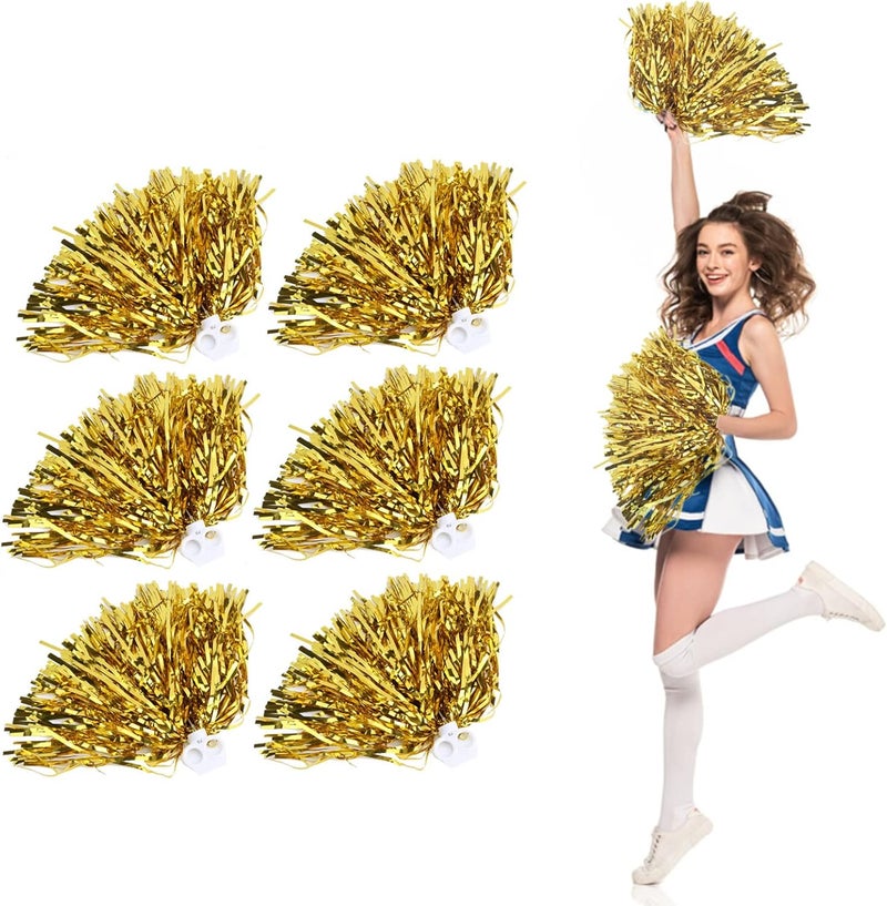woobles Cheerleading Pom Poms, 6 Pack Cheerleader Cheering Squad Pompoms with Handle for Team Spirit Sports Party Dance Cheering Kids Adults (Golden) - Image 1